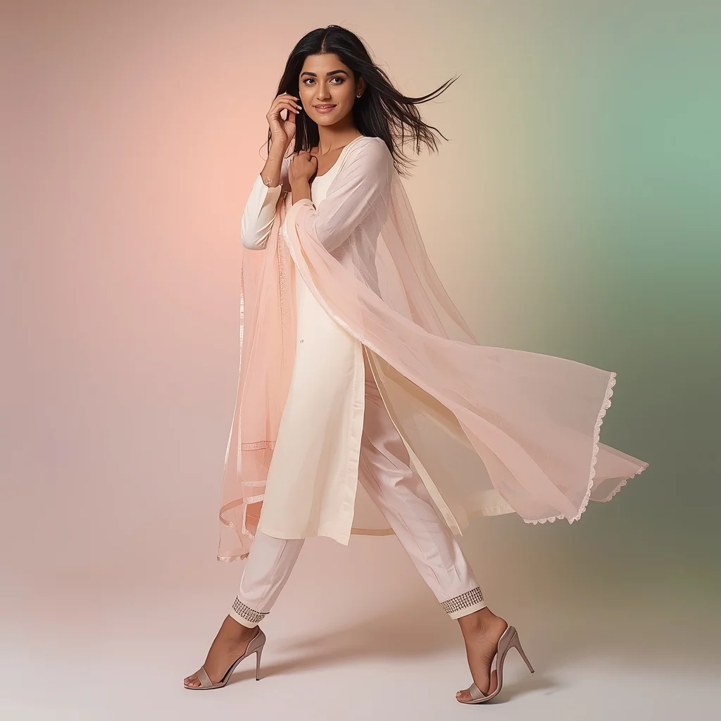 Pastel Kurta Set Girl Cross Step Pivot Soft Flow Pose | Prompt Engineering - Picture Prompt