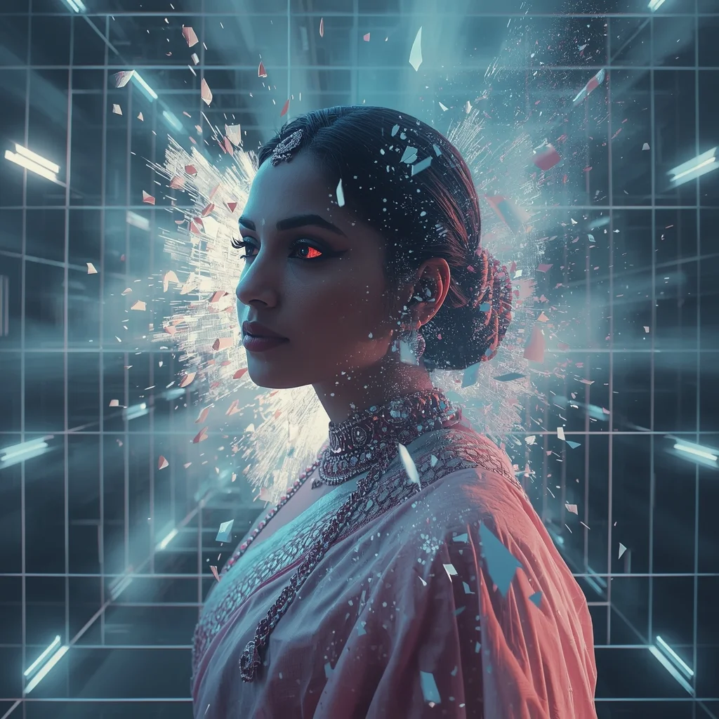Pastel Saree Hyper Dimensional Light Grid Fragment Dissolve Cinematic Viral Prompt | Desi Saree Ai Prompt - Picture Prompt