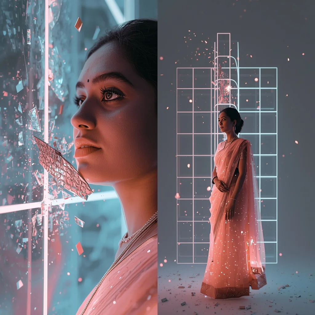 Pastel Saree Hyper Light Grid Collapse Fragmentation Cinematic Viral Prompt | Indian Saree Ai Prompt - Picture Prompt