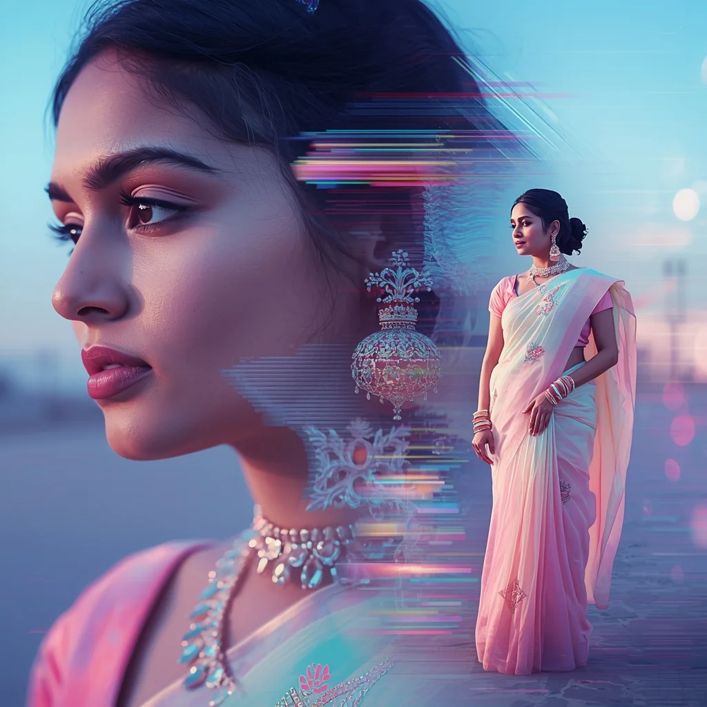 Pastel Saree Hyper Reality Glitch Distortion Field Cinematic Viral Prompt | Saree Couple Ai Prompt - Picture Prompt