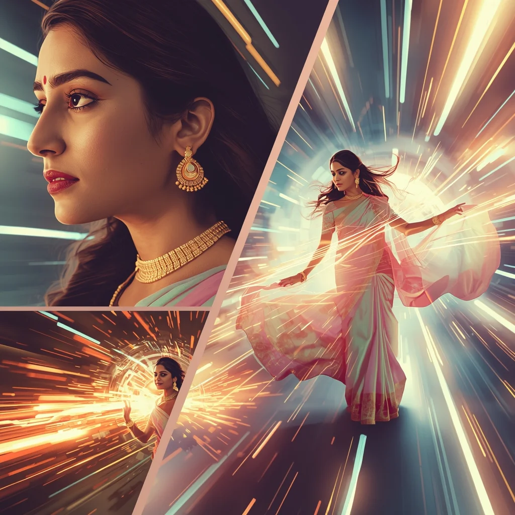 Pastel Saree Hyper Warp Velocity Light Tunnel Dimensional Flow Cinematic Viral Prompt | Saree Prompt For Gemini Ai - Picture Prompt