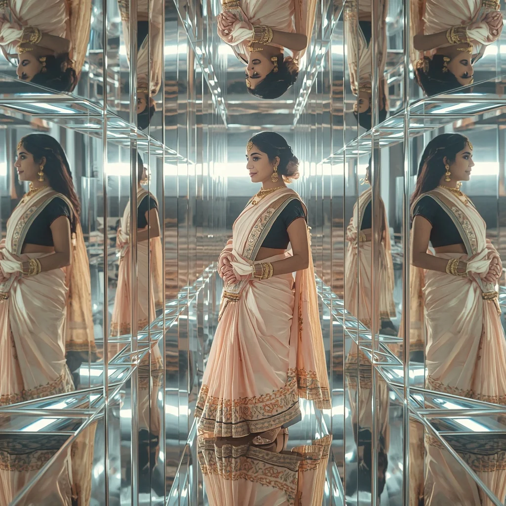 Pastel Saree Infinite Mirror Prism Reflection Depth Universe Cinematic Viral Prompt | Saree Look Ai Prompt - Picture Prompt