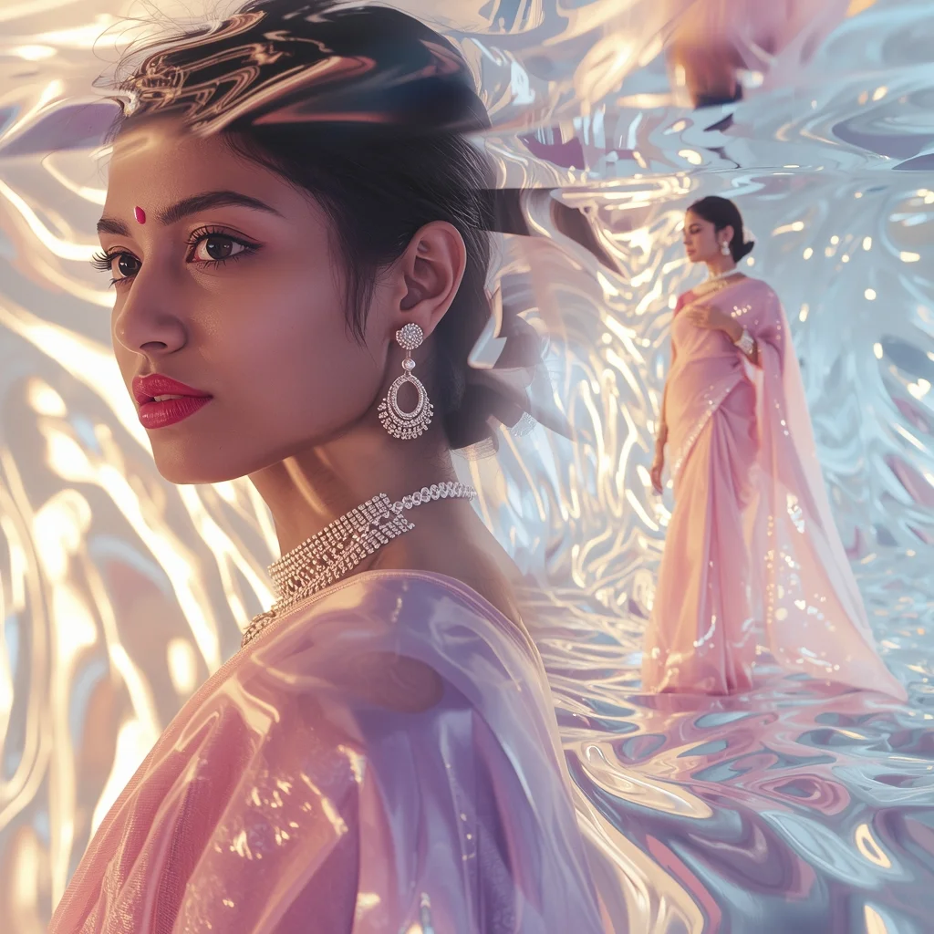 Pastel Saree Light Wave Surface Distortion Cinematic Scene | Beautiful Saree Girl Ai Prompt - Picture Prompt