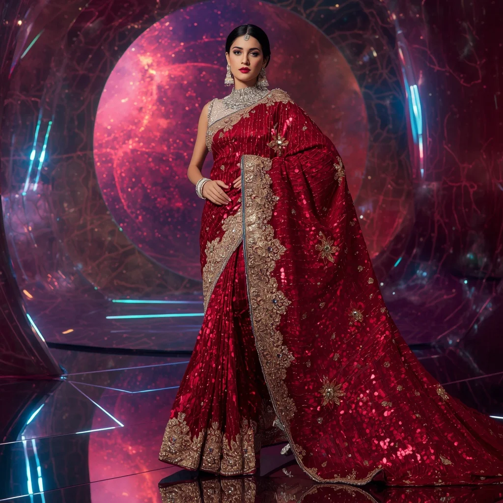 Platinum Ruby Mythdiva Saree with Mirrorflare Mythverse and Neon Vein Celestialfire | Viral Instagram Selfie Ai Prompt - Picture Prompt