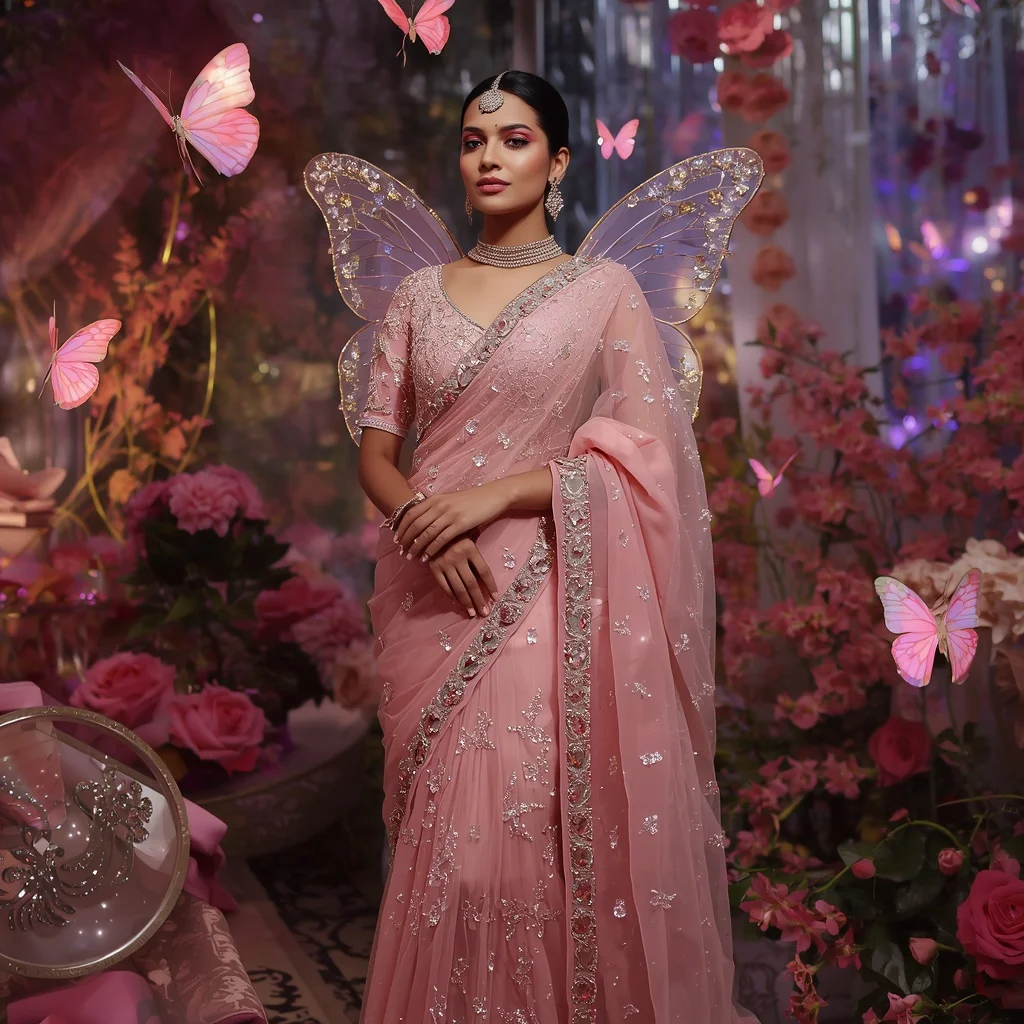 Prism Rose Butterfly Saree with Fantasy Floral Kingdom Background | Copy Paste Ai Prompt