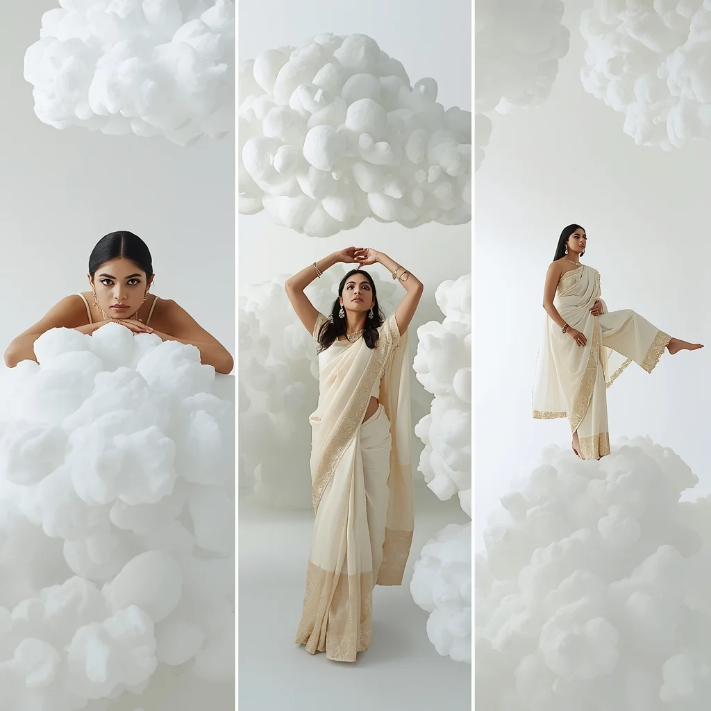 Pure White Cloud Installation Bright Premium Studio Saree Layout | Saree Whatsapp Dp Ai Prompt - Picture Prompt