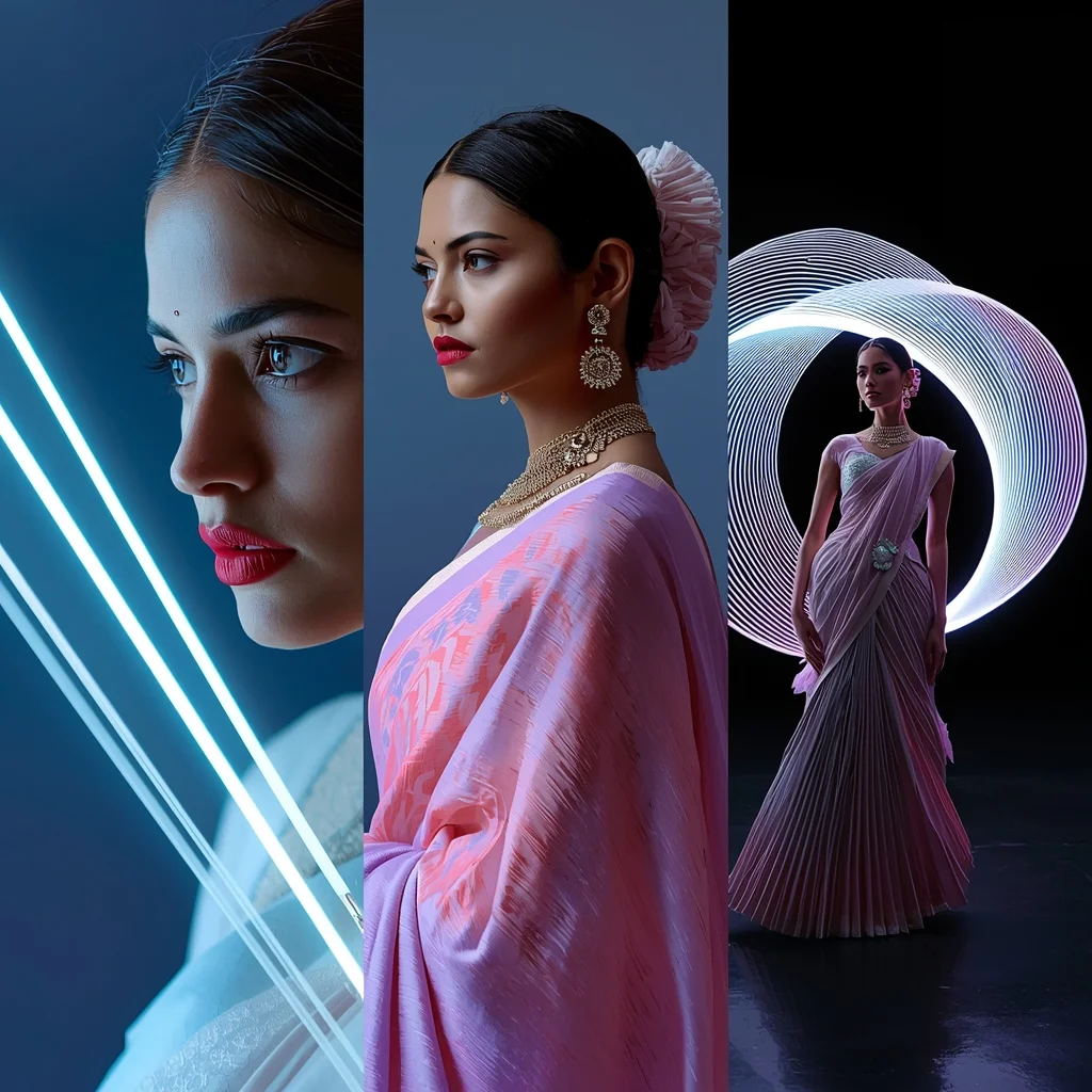 Quantum Cybernetic Silk Data Thread Saree Fashion Collage | Bridal Saree Ai Prompt For Instagram Reel - Picture Prompt