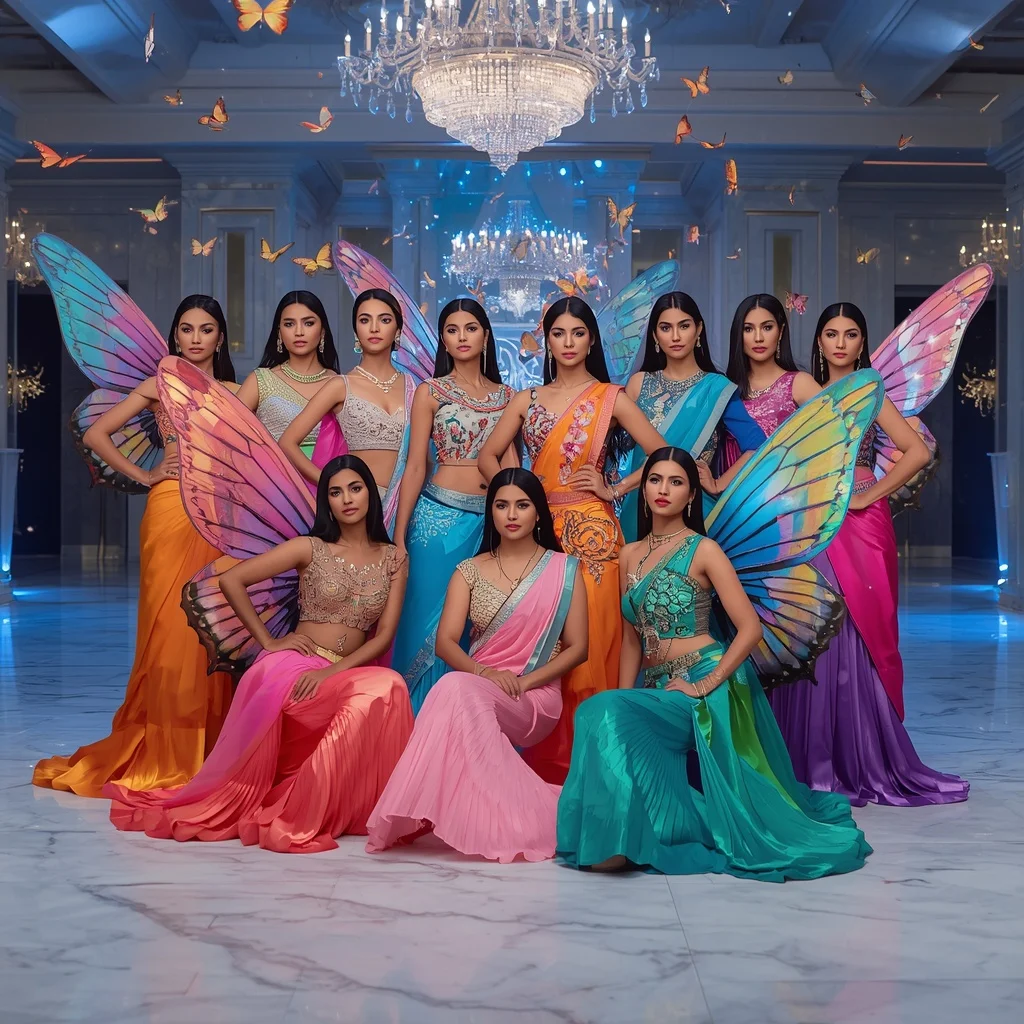 Rainbow Crystal Butterfly Saree Icons with Celestial Prism Ballroom Background | Makeup Ai Prompt