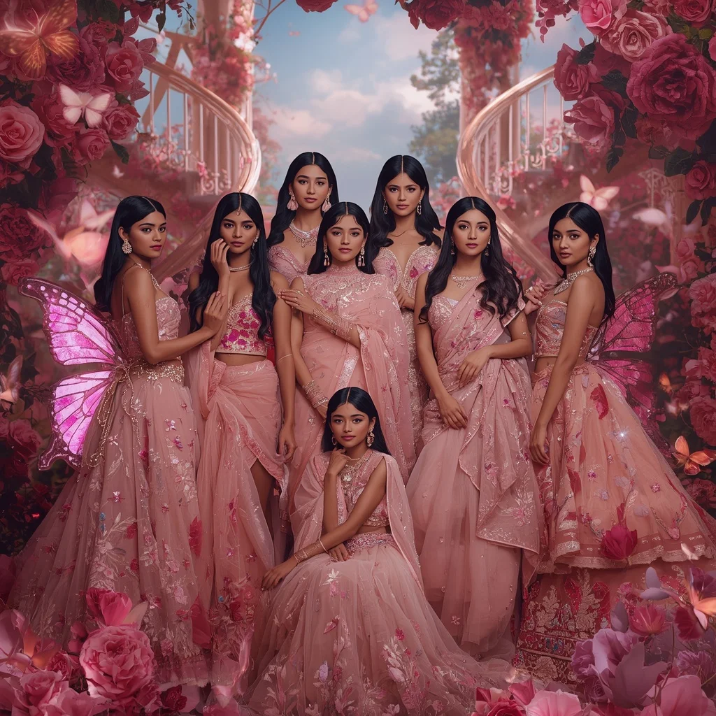 Rose Diamond Butterfly Saree Princesses with Fantasy Floral Palace Background | Image Prompt