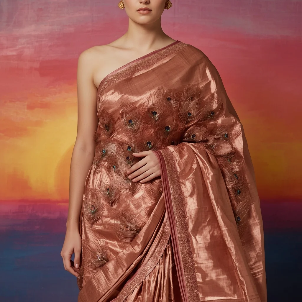 Royal Saree Style: Rose Gold Tissue with Solid Metallic Peacock Feathers | Aesthetic Saree Ai Prompt - Woman Pose AI Picture Prompt