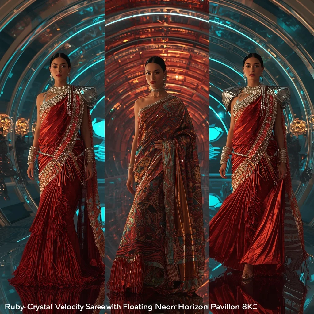Ruby Crystal Velocity Saree with Floating Neon Horizon Pavilion | Ai Photo Prompt