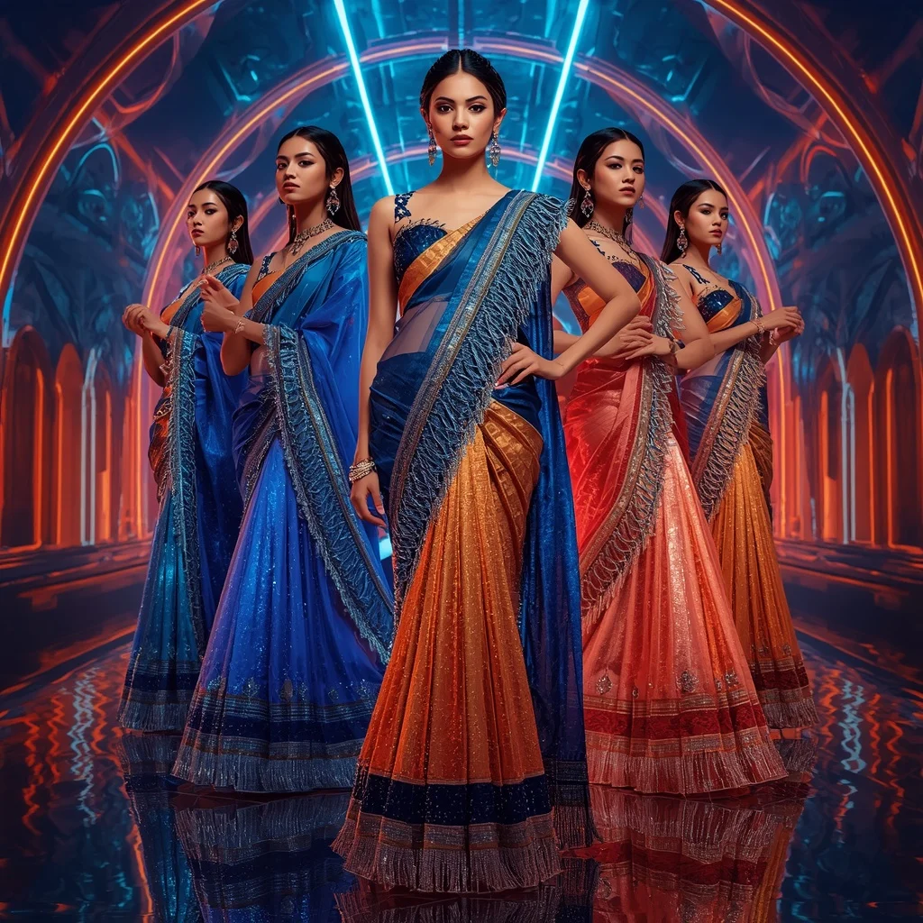 Sapphire Flame Maharani Saree with Multi Motion Poses and Neon Water Prism Palace | Saree Photoshoot Ai Prompt