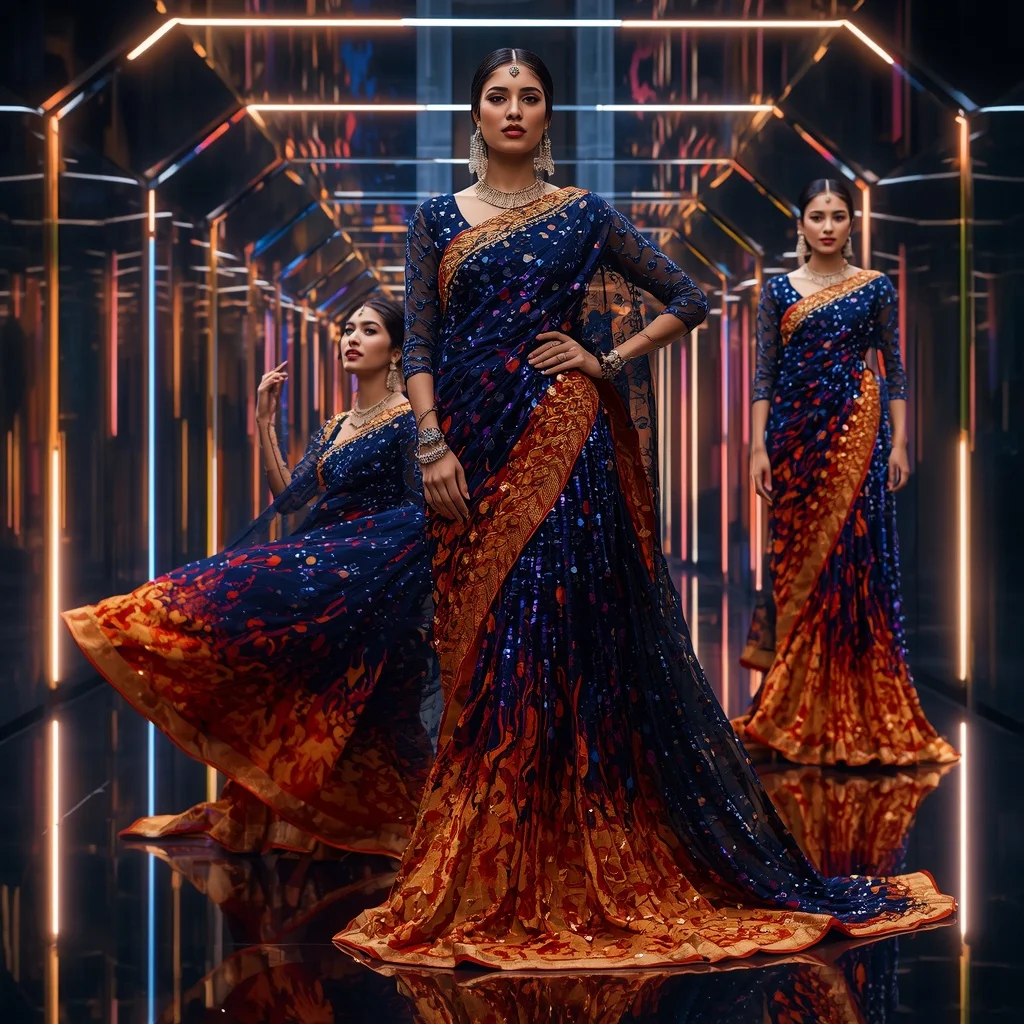 Sapphire Flame Saree with Geometric LED Chamber | Fitness Model Ai Prompt - Woman Pose AI Picture Prompt
