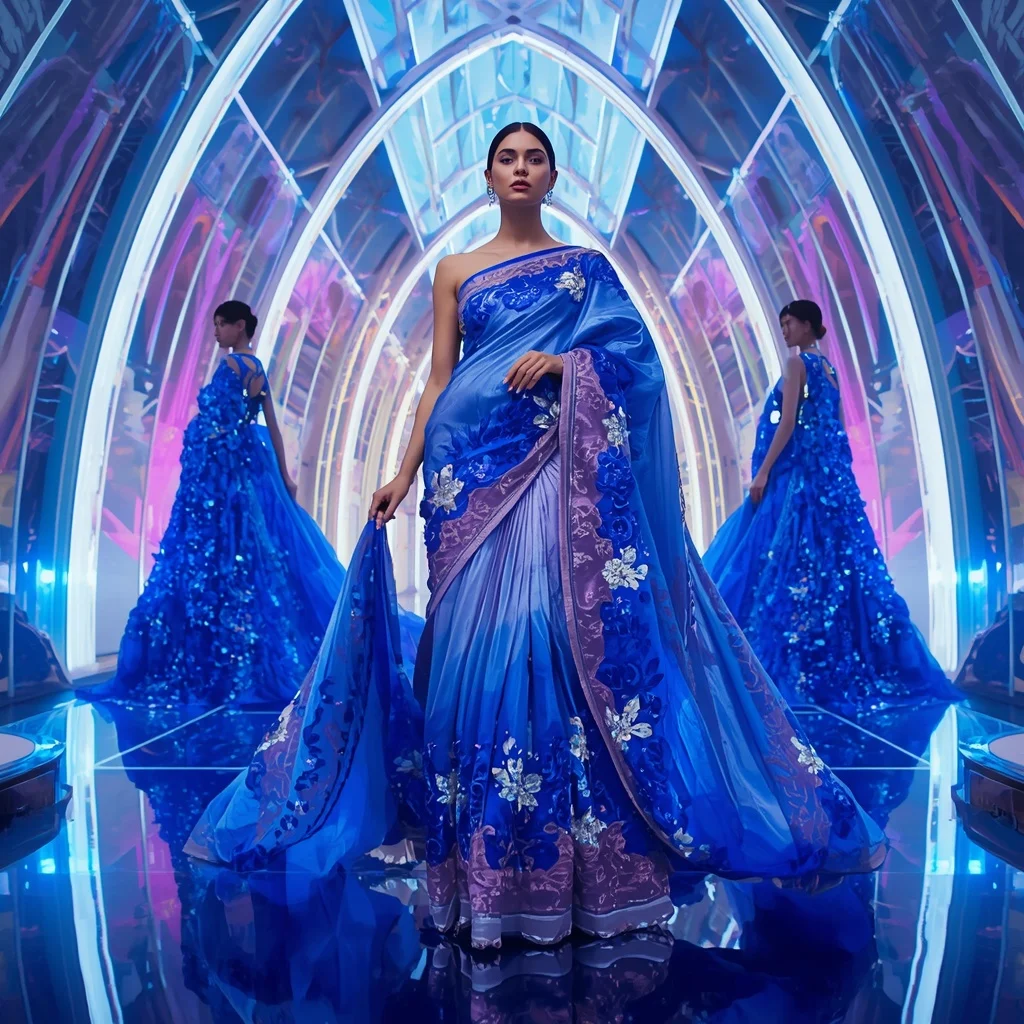 Sapphire Lotus Fantasy Saree with Floating Arc Cathedral | Prompt Ai