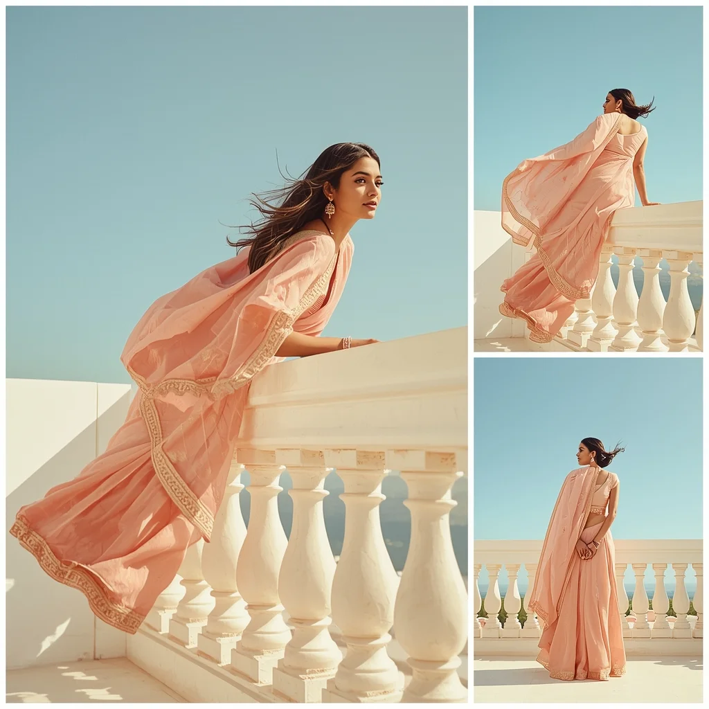 Sun Drenched White Stone Balcony Premium Saree Storyboard Aesthetic | Gemini Saree Prompt For Instagram - Picture Prompt