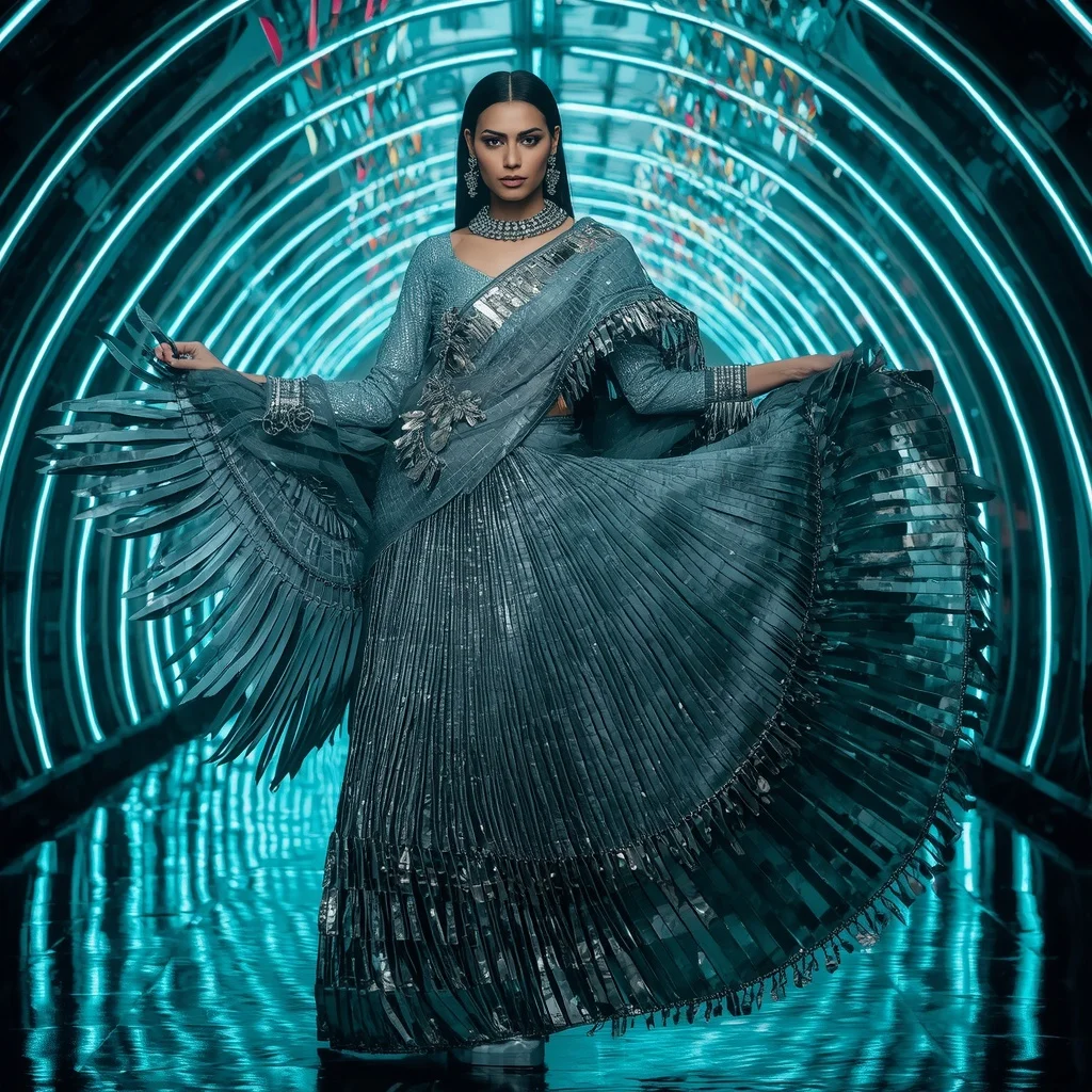 Titanium Nebula Wing Saree with Floating Arc Corridor | South Indian Bride Ai Prompt
