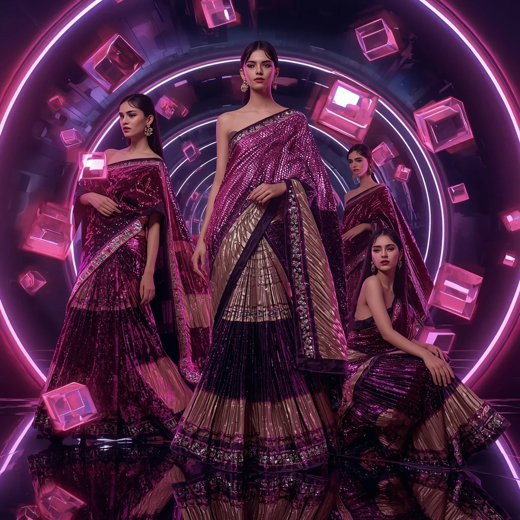 Velvet Mirage Royal Saree with Floating Neon Cubes | Trending Ai Prompt