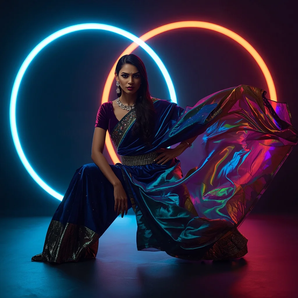 Velvet Prism Festival Saree with Infinity Neon Rings | Realistic Ai Prompt