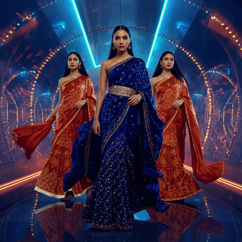 Velvet Sapphire Mirage Saree with Triple Motion Poses and Infinity Glow Citadel | Saree Girl Dp Ai Prompt Ultra Hd