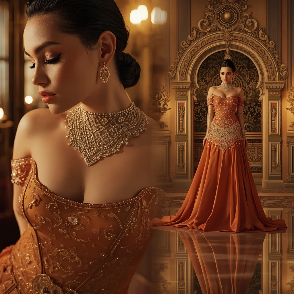 Zardozi Embroidered Corset Gown Dream Collage In HD | Travel Ai Prompt - Picture Prompt